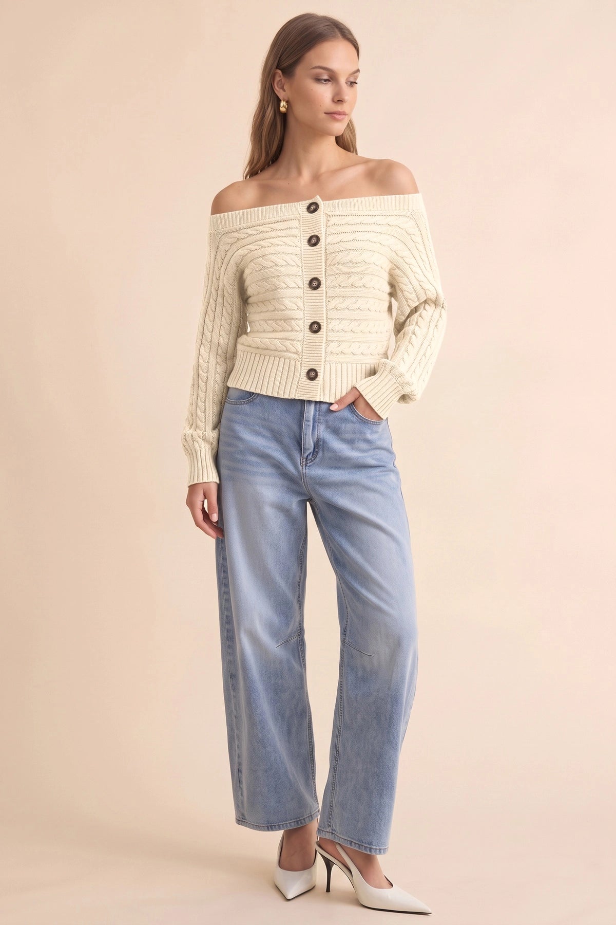 Womens Beige Off Shoulder Cardigan | CicyBell