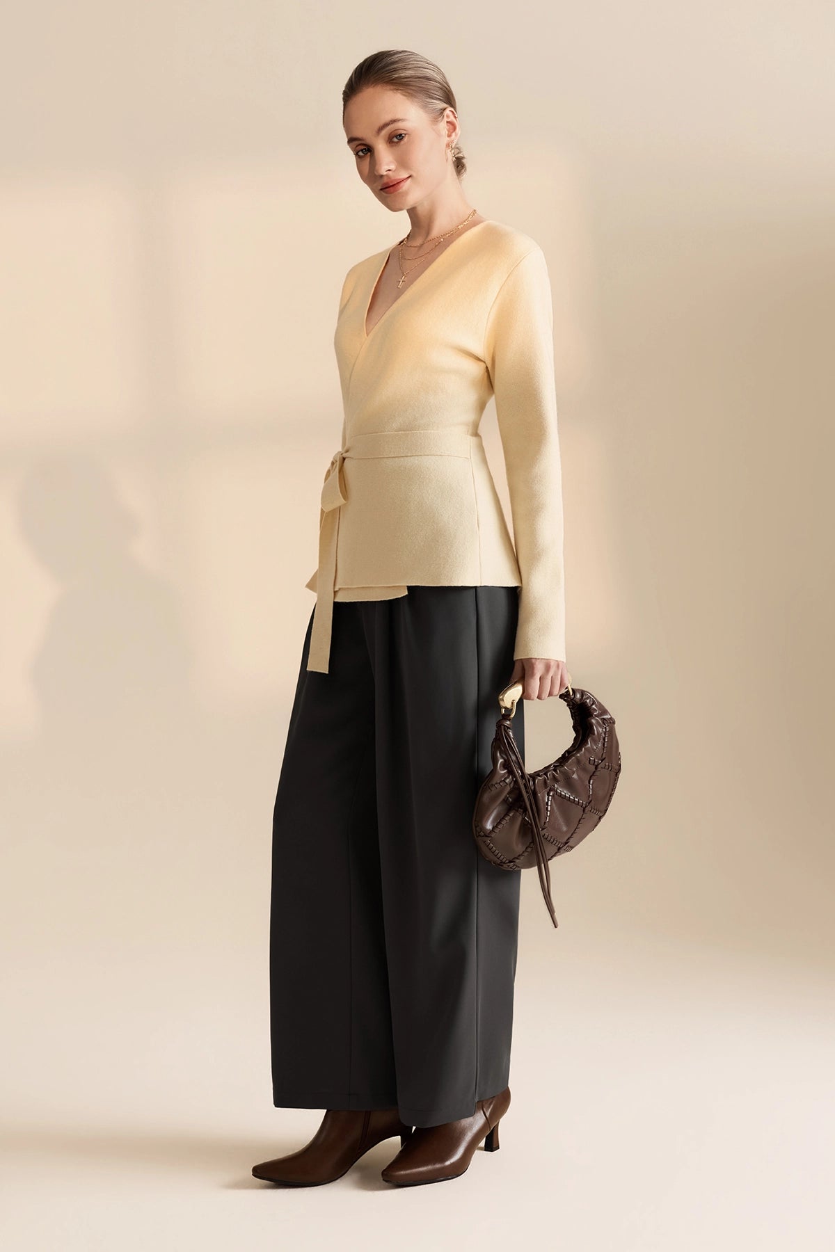 Womens Beige Belted Cardigan Sweater | CicyBell
