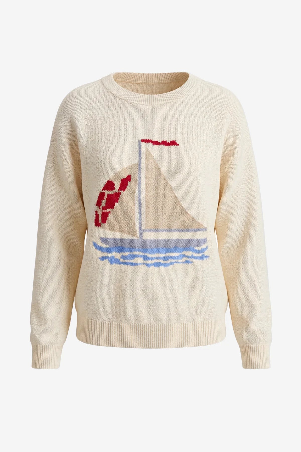 Womens Beige Boat Graphic Knit Sweaters | CicyBell