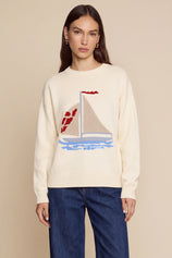Womens Beige Boat Graphic Knit Sweaters | CicyBell