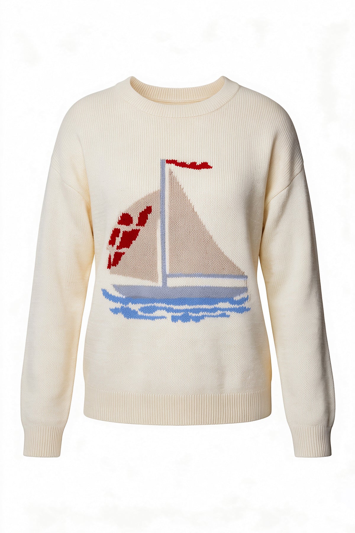 Womens Beige Boat Graphic Knit Sweaters | CicyBell