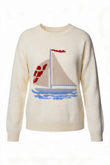 Womens Beige Boat Graphic Knit Sweaters | CicyBell