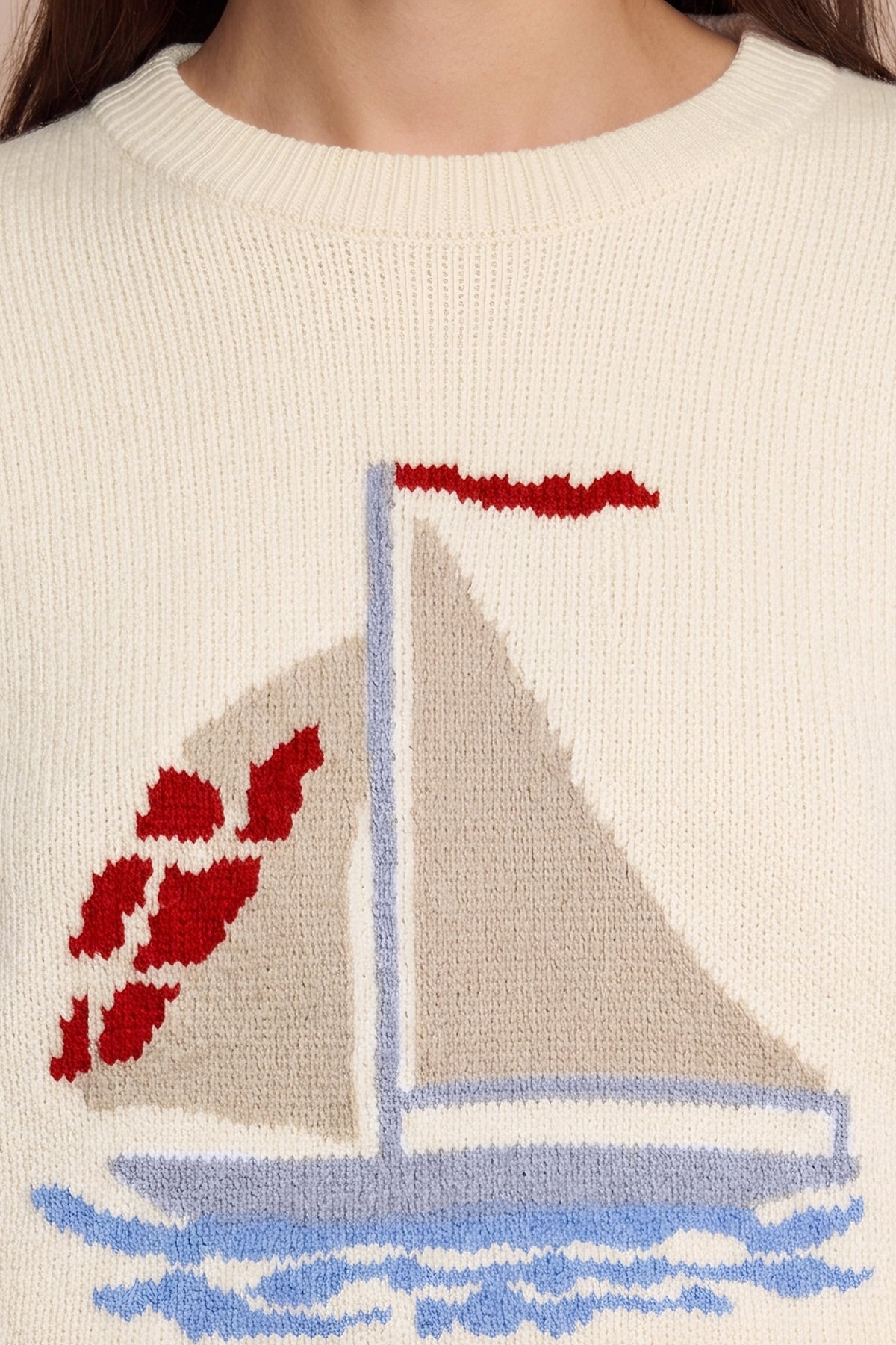 Womens Beige Boat Graphic Knit Sweaters | CicyBell