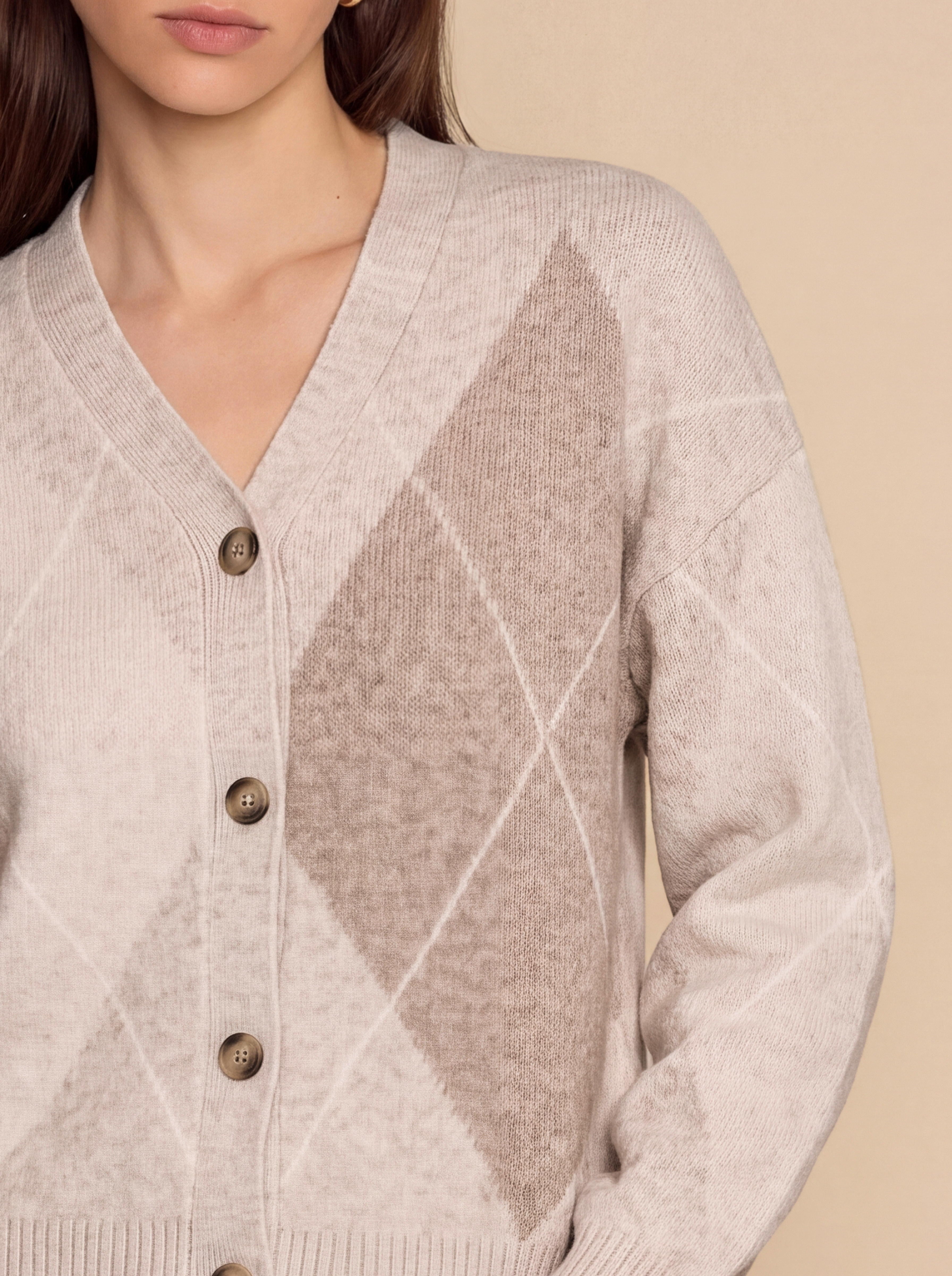 Women Beige Plaid Color Block Cardigan | CicyBell