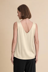 Womens Beige V Neck Satin Tank Tops  | CicyBell