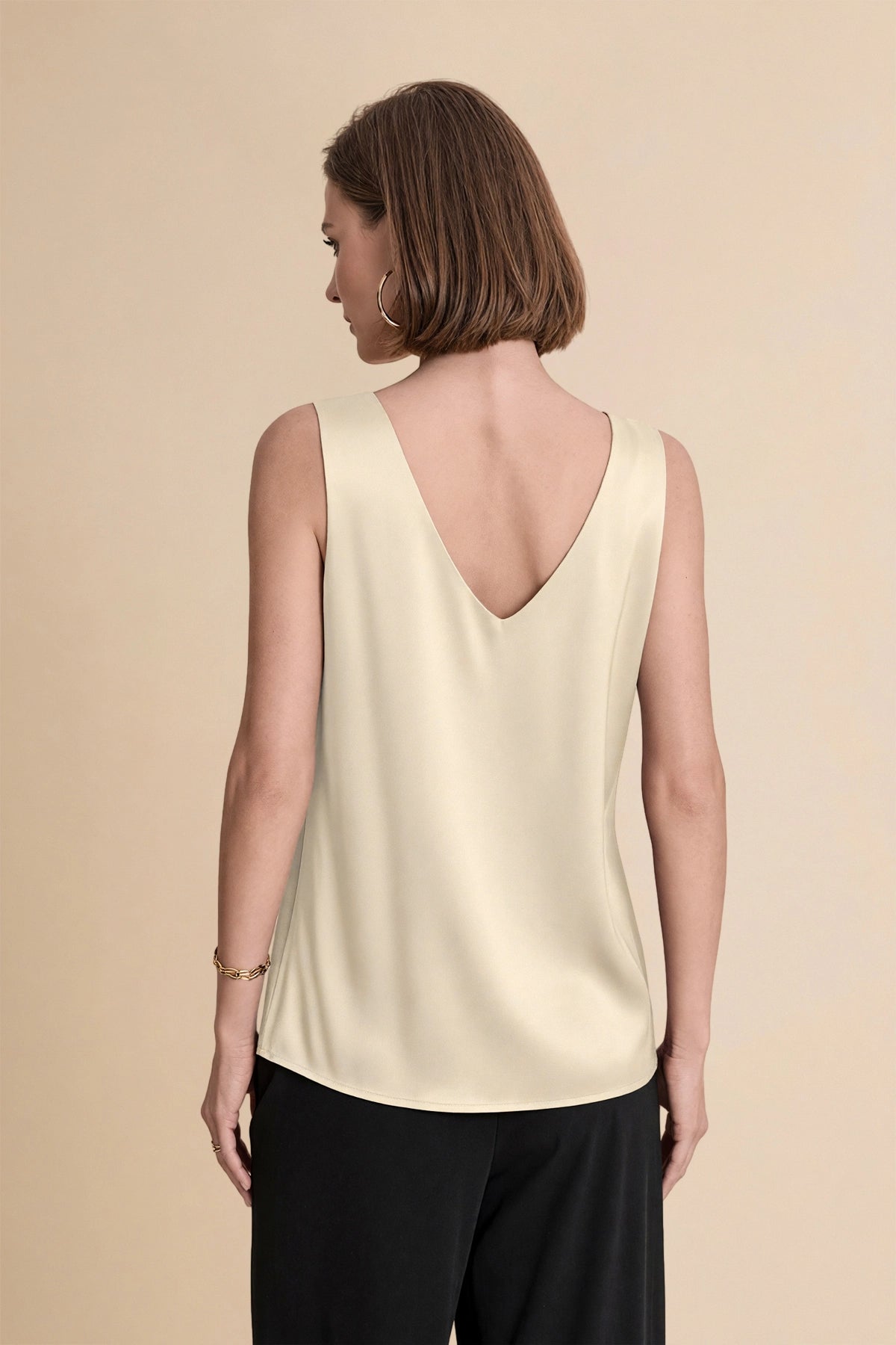 Womens Beige V Neck Satin Tank Tops  | CicyBell