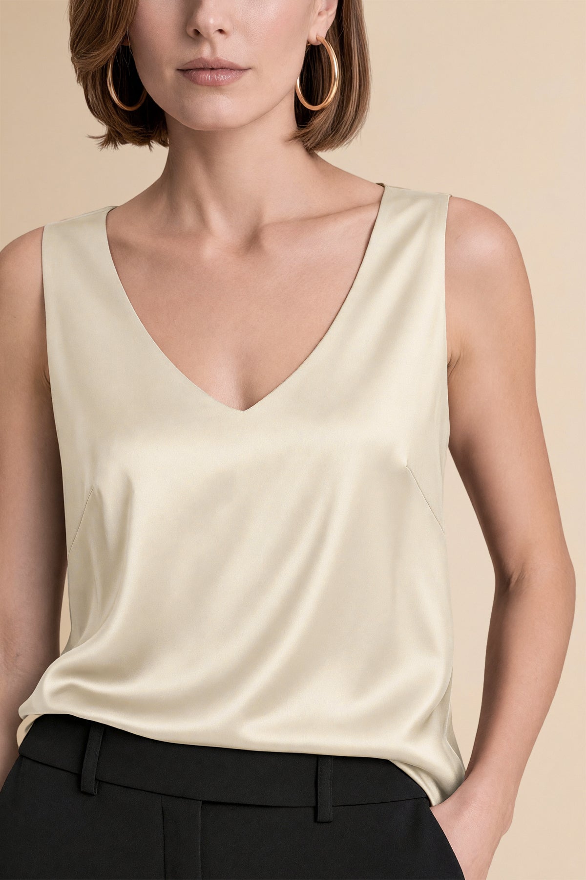 Womens Beige V Neck Satin Tank Tops  | CicyBell