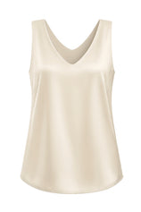 Womens Beige V Neck Satin Tank Tops  | CicyBell