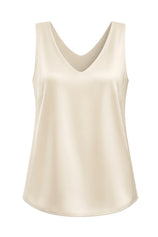 Womens Beige V Neck Satin Tank Tops  | CicyBell