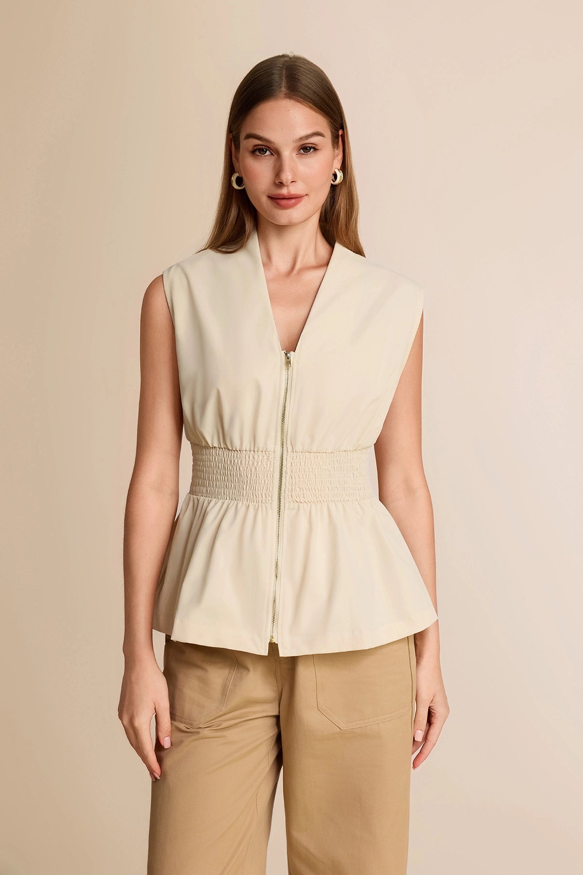 Womens Beige Summer V Neck Tank Tops | CicyBell