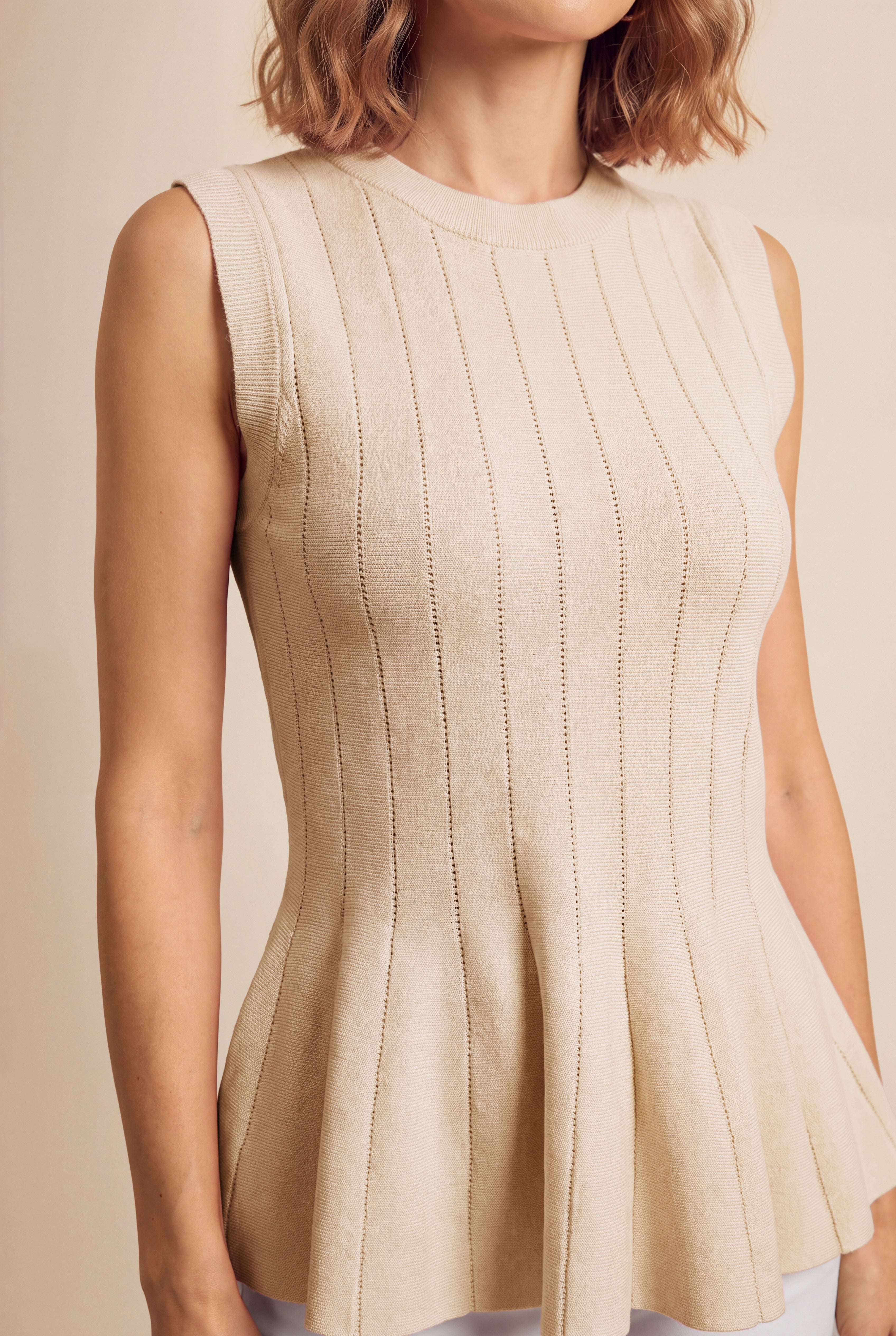 Womens Beige Pleated Peplum Tank Tops | CicyBell