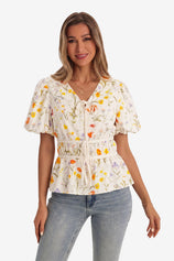 Womens Beige Puff Sleeve Tie Front Tops | CicyBell