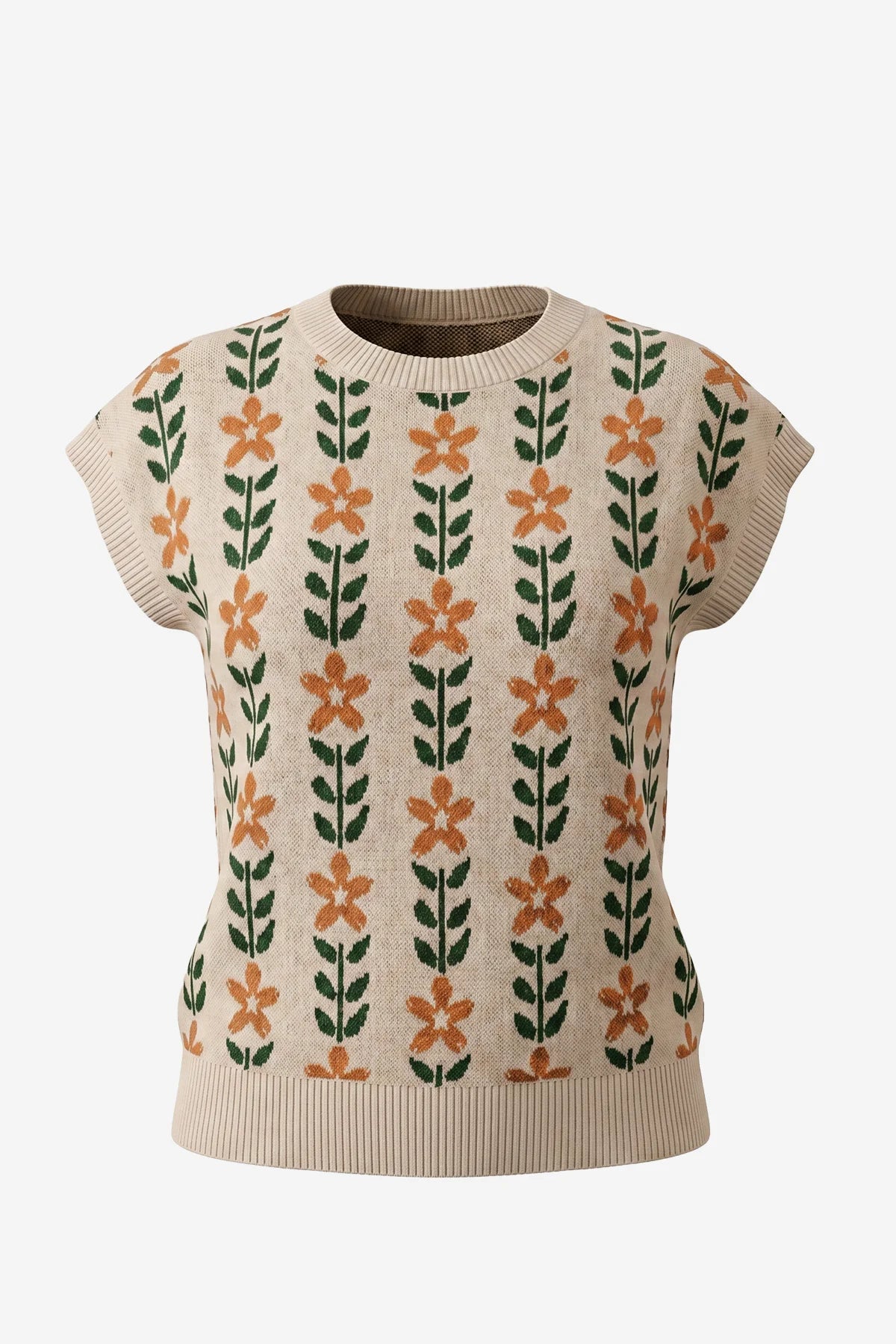 Womens Beige Flowers Cap Sleeve Sweater Tops | CicyBell