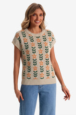 Womens Beige Flowers Cap Sleeve Sweater Tops | CicyBell