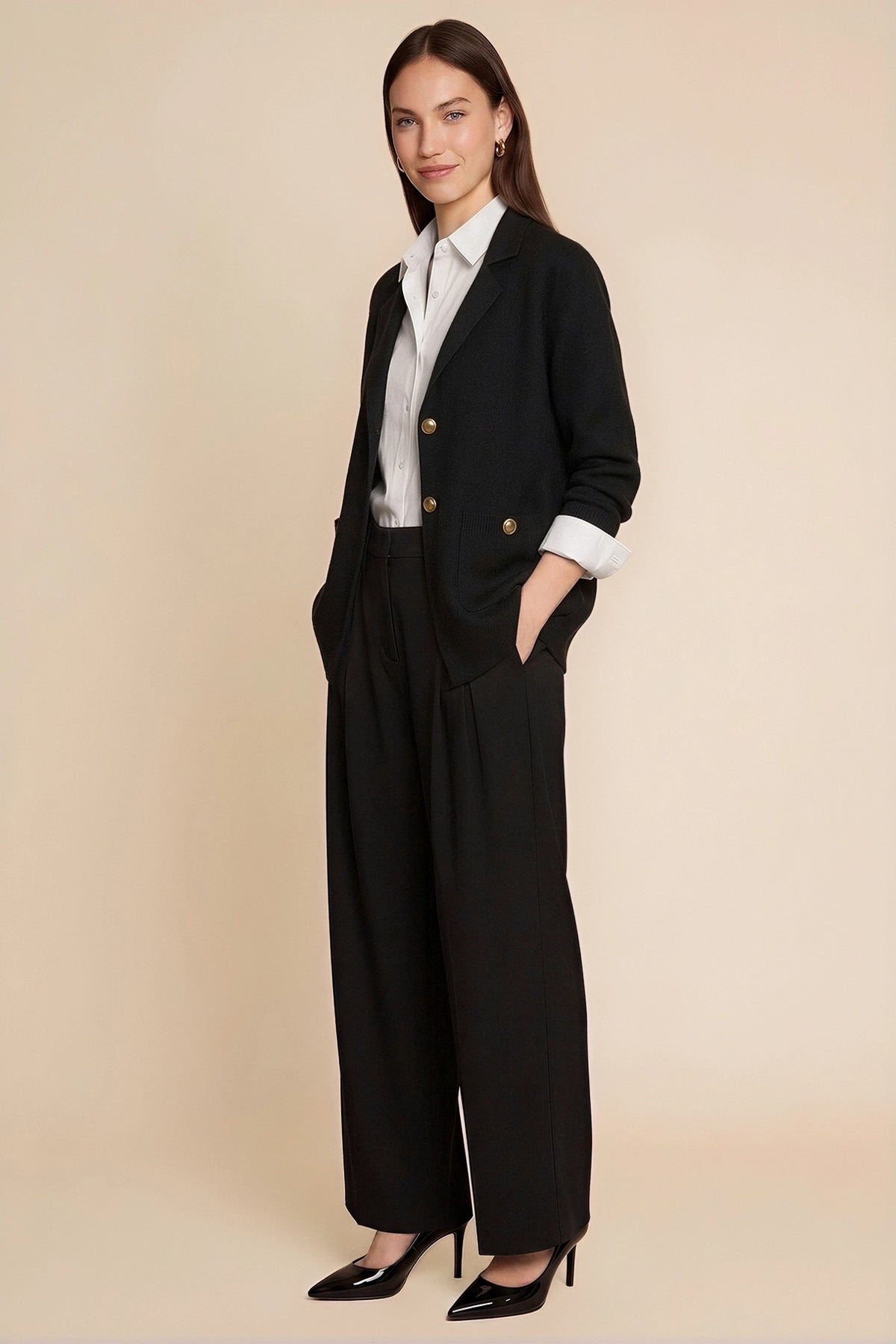 Womens Black Long Sleeve Sweater Blazer | CicyBell