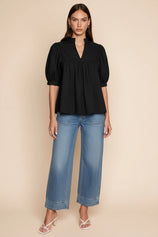 Womens  Black Puff Sleeve V Neck Blouse | CicyBell