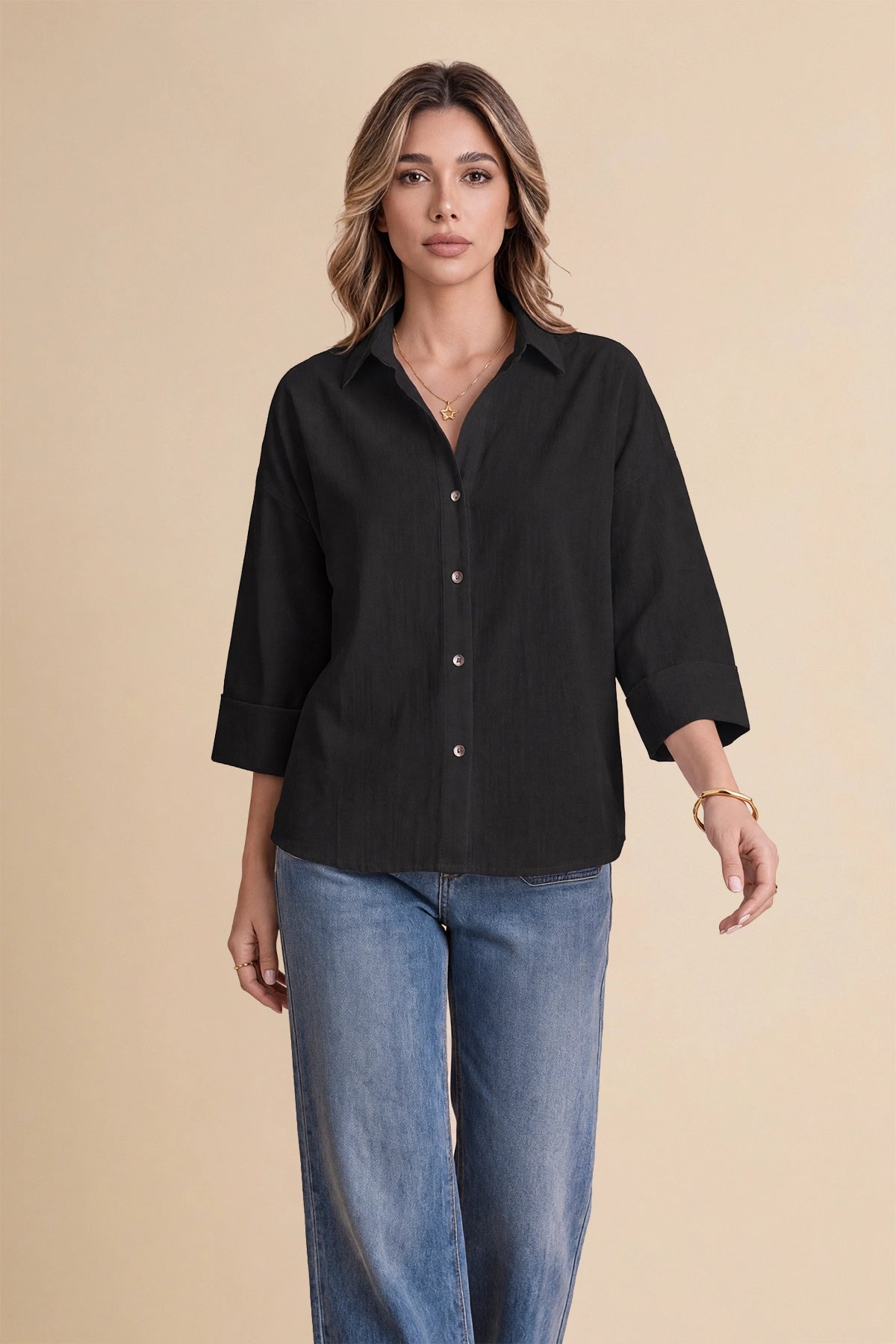 Womens Black 3/4 Sleeve Striped Button Down Shirts | CicyBell