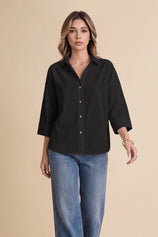 Womens Black 3/4 Sleeve Striped Button Down Shirts | CicyBell