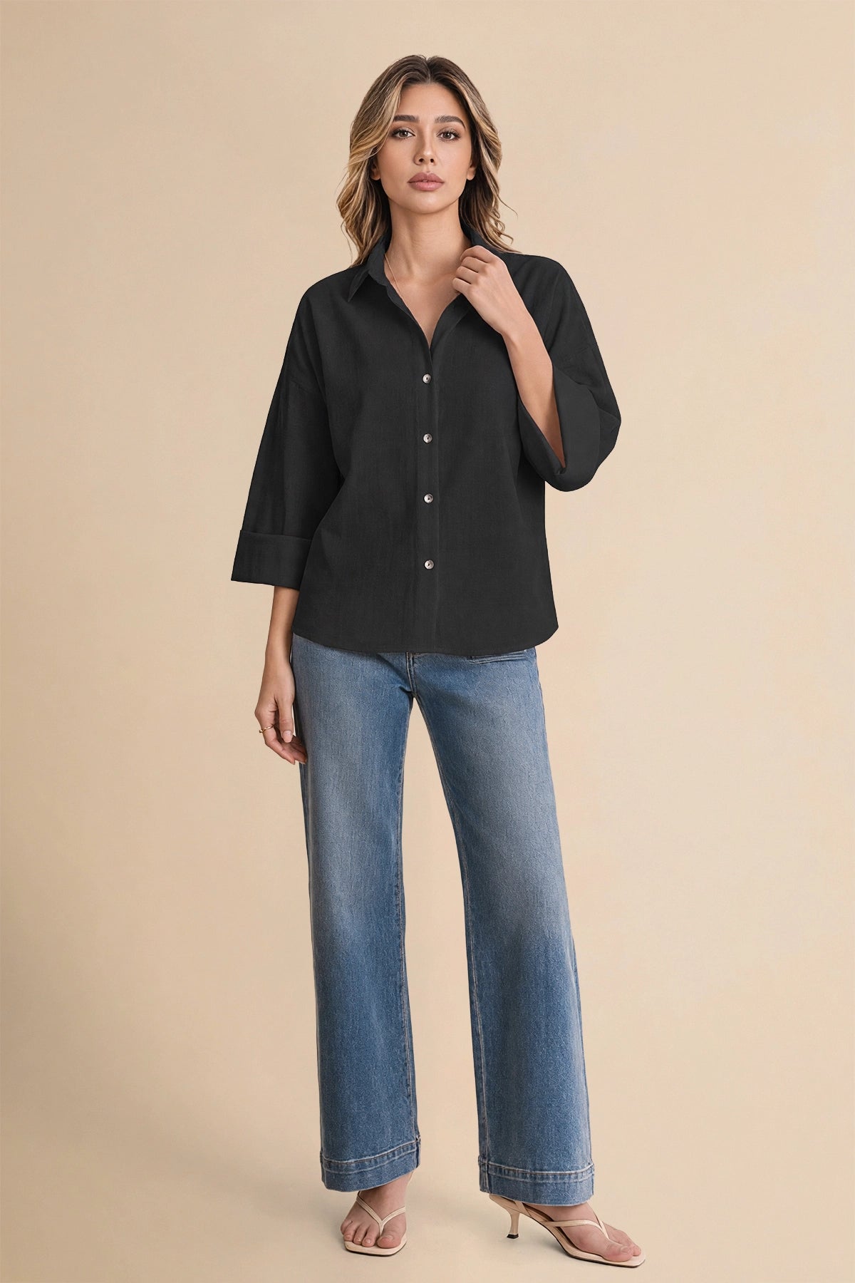 Womens Black 3/4 Sleeve Striped Button Down Shirts | CicyBell