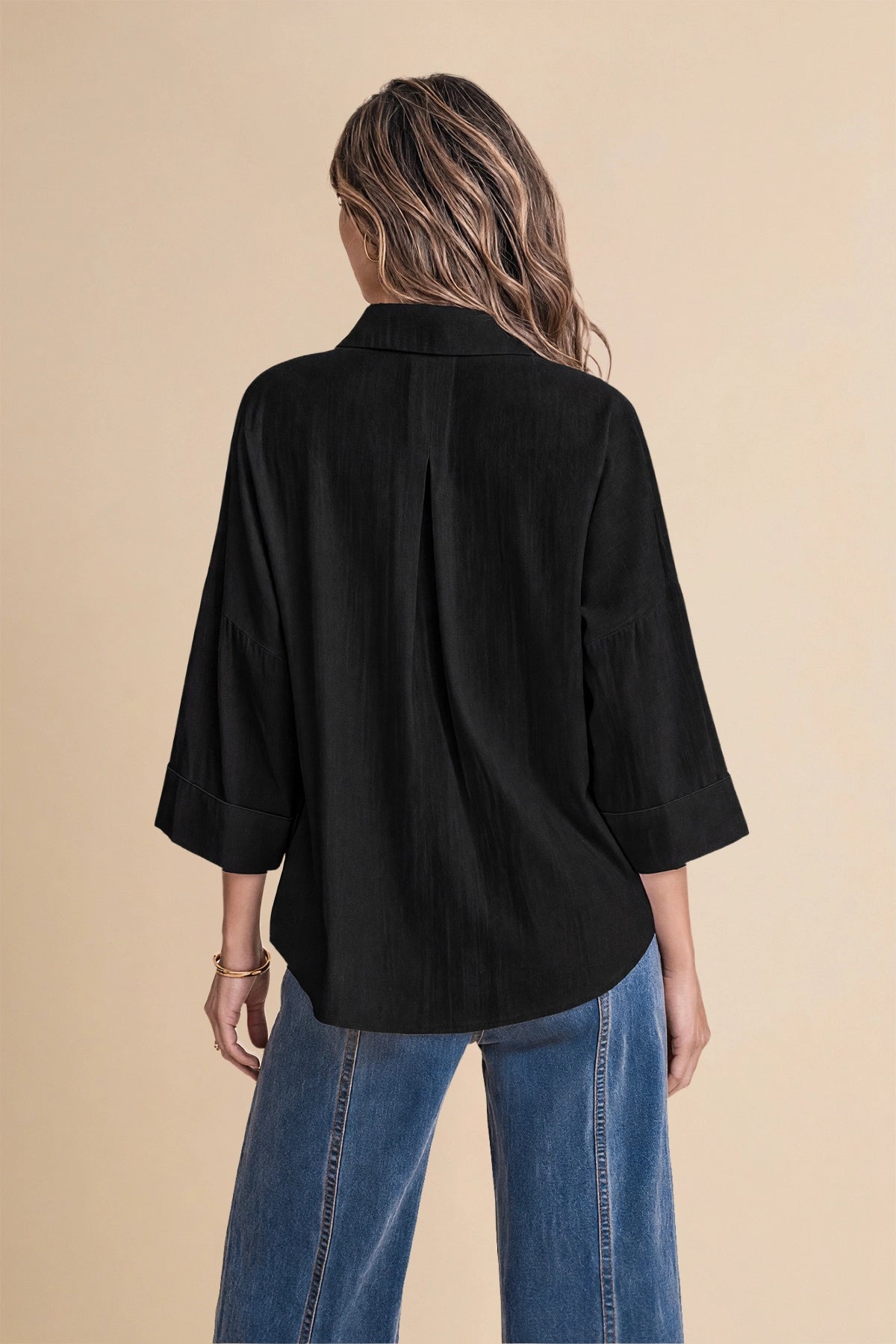 Womens Black 3/4 Sleeve Striped Button Down Shirts | CicyBell