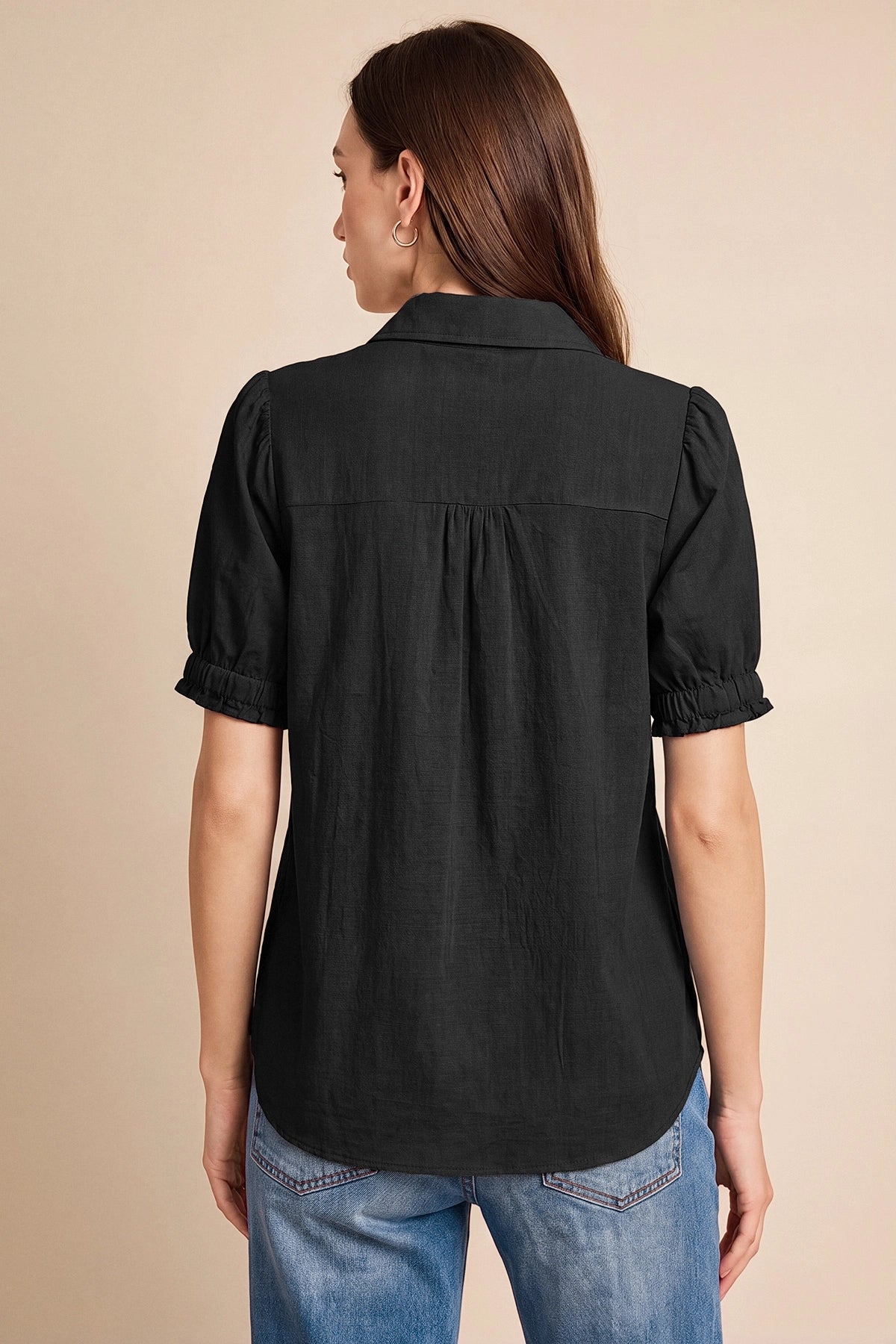 Womens Black Puff Short Sleeve Shirts | CicyBell