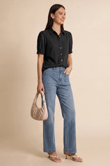 Womens Black Puff Short Sleeve Shirts | CicyBell