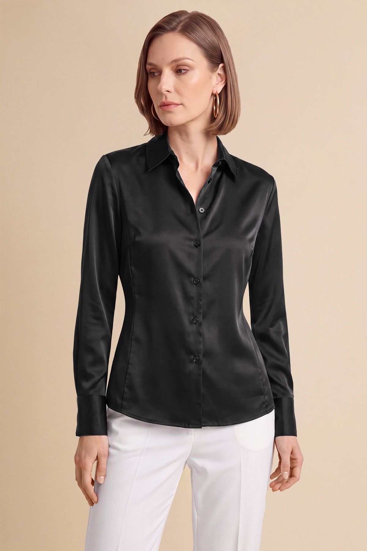 Womens Black Satin Button Down Shirt | CicyBell