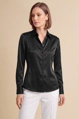 Womens Black Satin Button Down Shirt | CicyBell