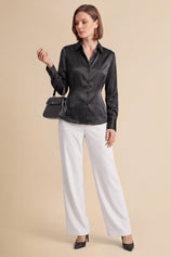 Womens Black Satin Button Down Shirt | CicyBell