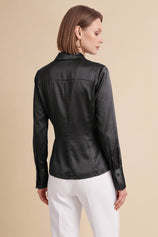 Womens Black Satin Button Down Shirt | CicyBell