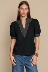 Womens Black Puff Short Sleeve Blouses | CicyBell