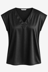 Womens Black Satin Cap Short Sleeve Blouses | CicyBell