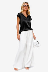 Womens Black Satin Cap Short Sleeve Blouses | CicyBell
