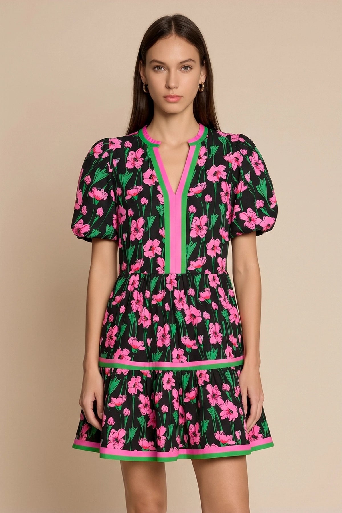 Womens Black V Neck Floral Mini Dress | CicyBell