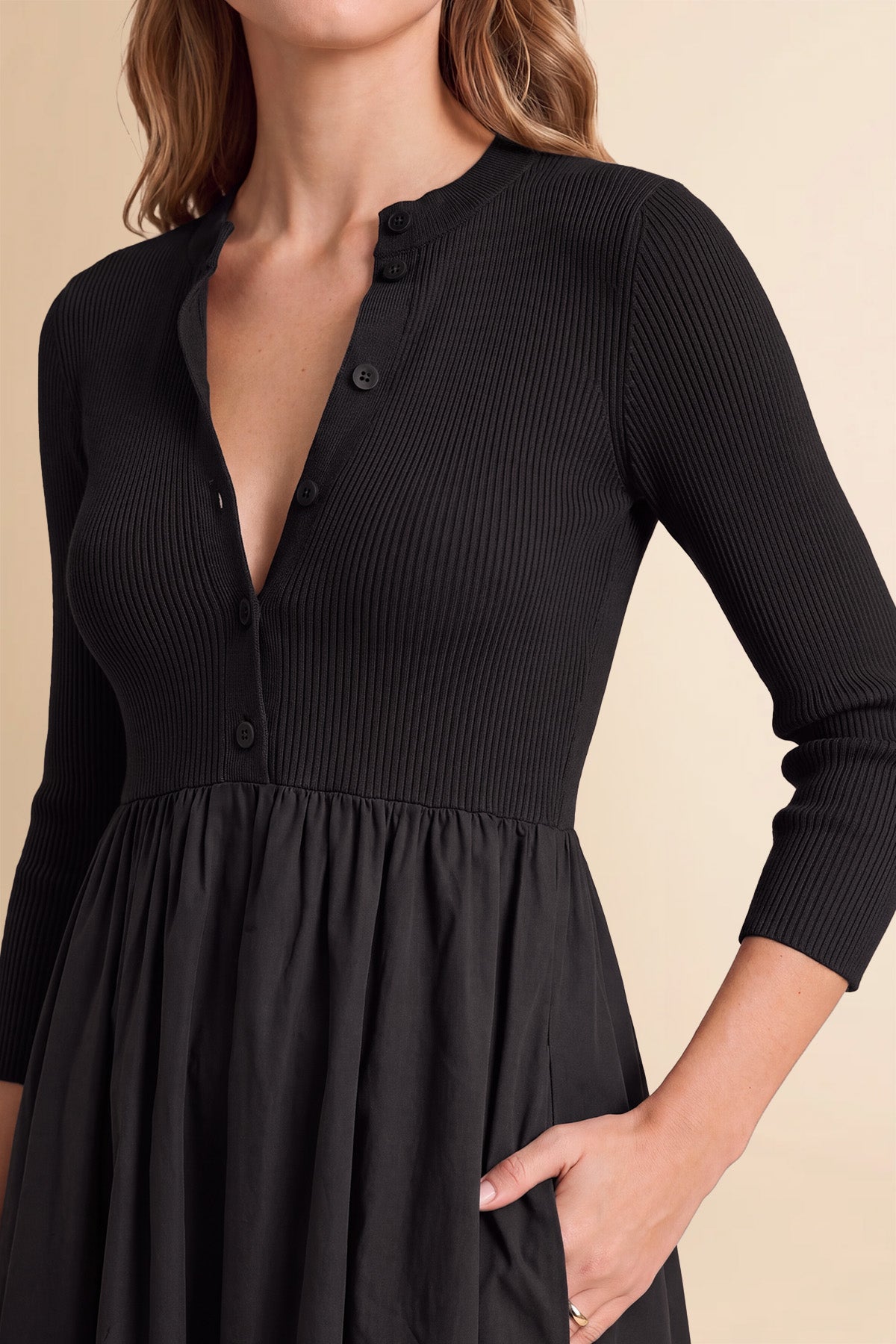 Womens Black Long Sleeve A-Line Midi Dress| CicyBell