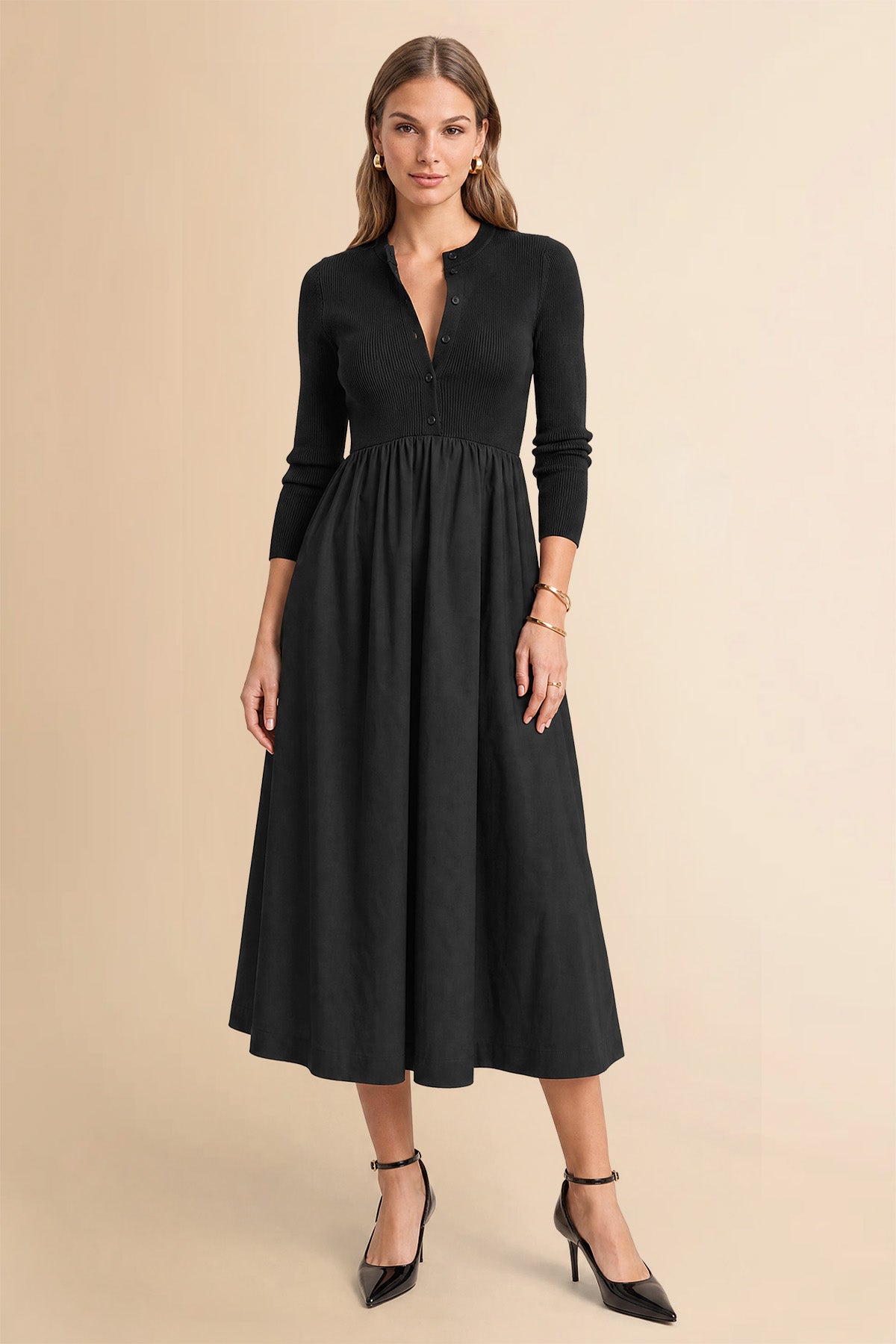 Womens Black Long Sleeve A-Line Midi Dress| CicyBell