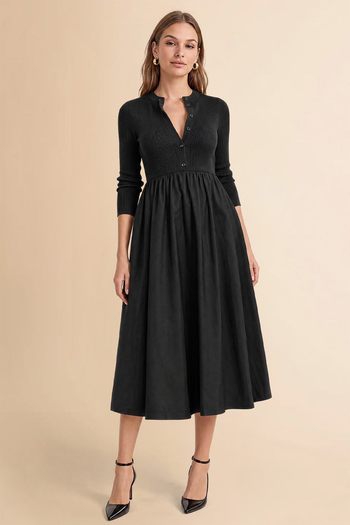 Womens Black Long Sleeve A-Line Midi Dress| CicyBell
