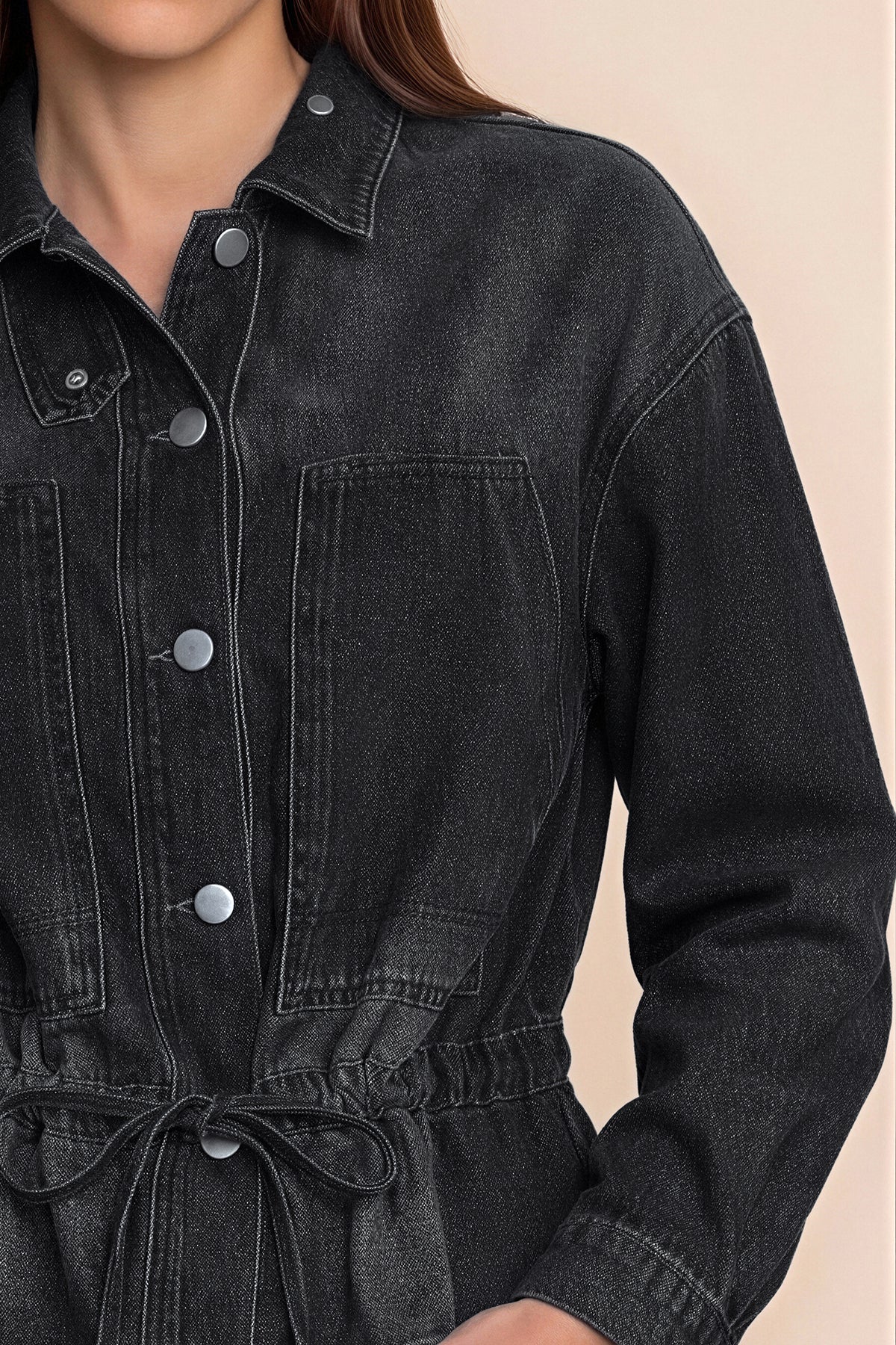 Womens Black Drawstring Denim Jacket | CicyBell