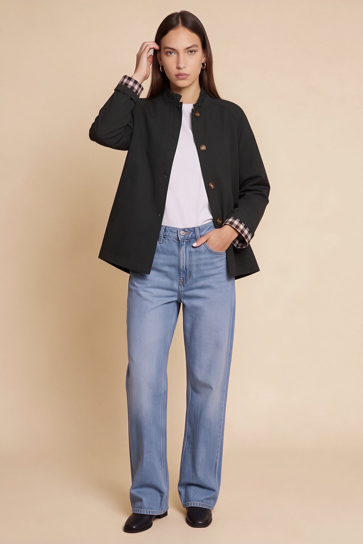 Womens Black Ruffle Short Trench Coat | CicyBell
