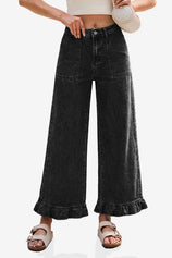 Womens Black Ruffle Wide Leg Jeans | CicyBell