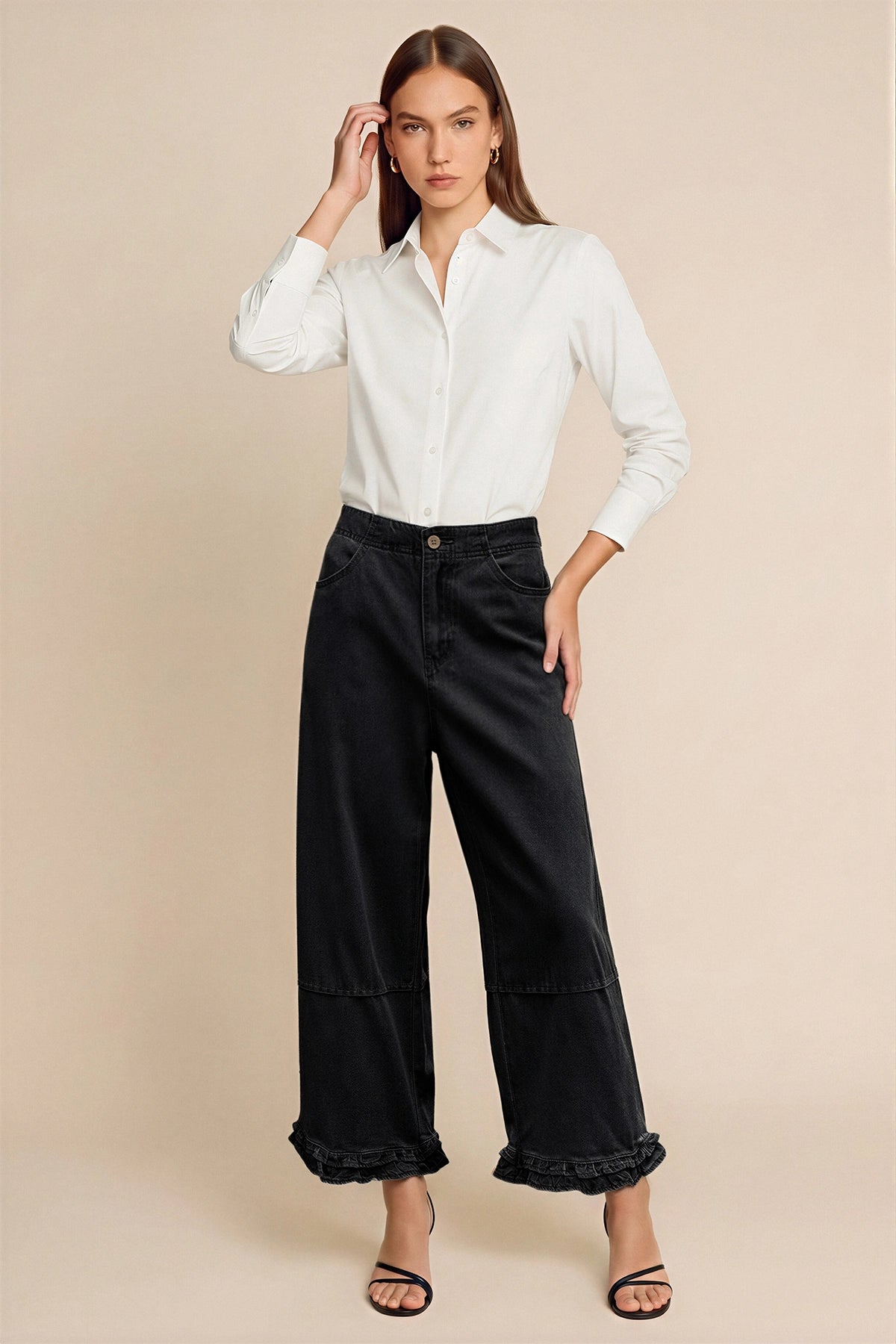 Womens  Black Ruffle Wide Leg Jeans | CicyBell