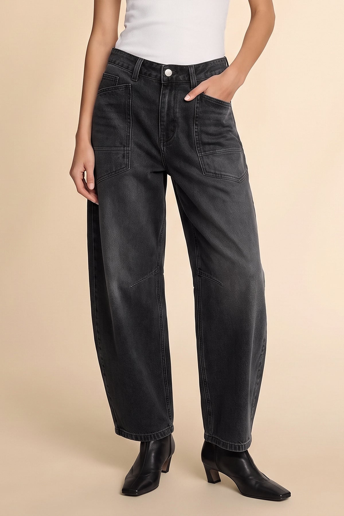 Womens Black Cropped Barrel Jeans | CicyBell