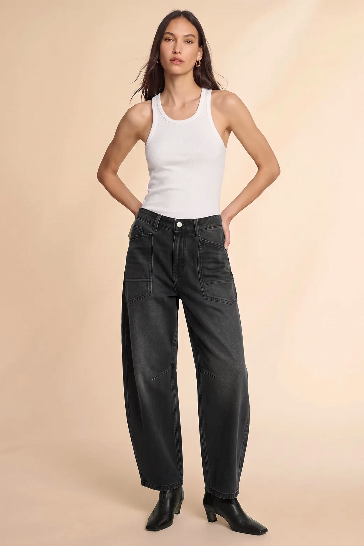 Womens Black Cropped Barrel Jeans | CicyBell