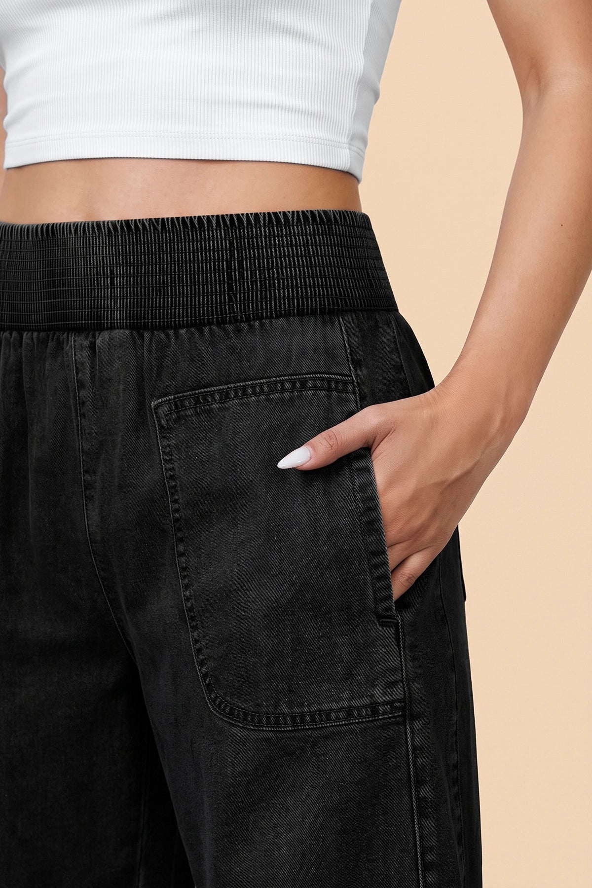 Cicy Bell Womens Black Smocked Barrel Jeans