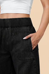 Cicy Bell Womens Black Smocked Barrel Jeans