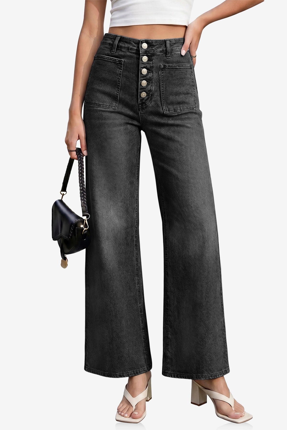Womens Black Wide Leg High Waisted Jeans | CicyBell