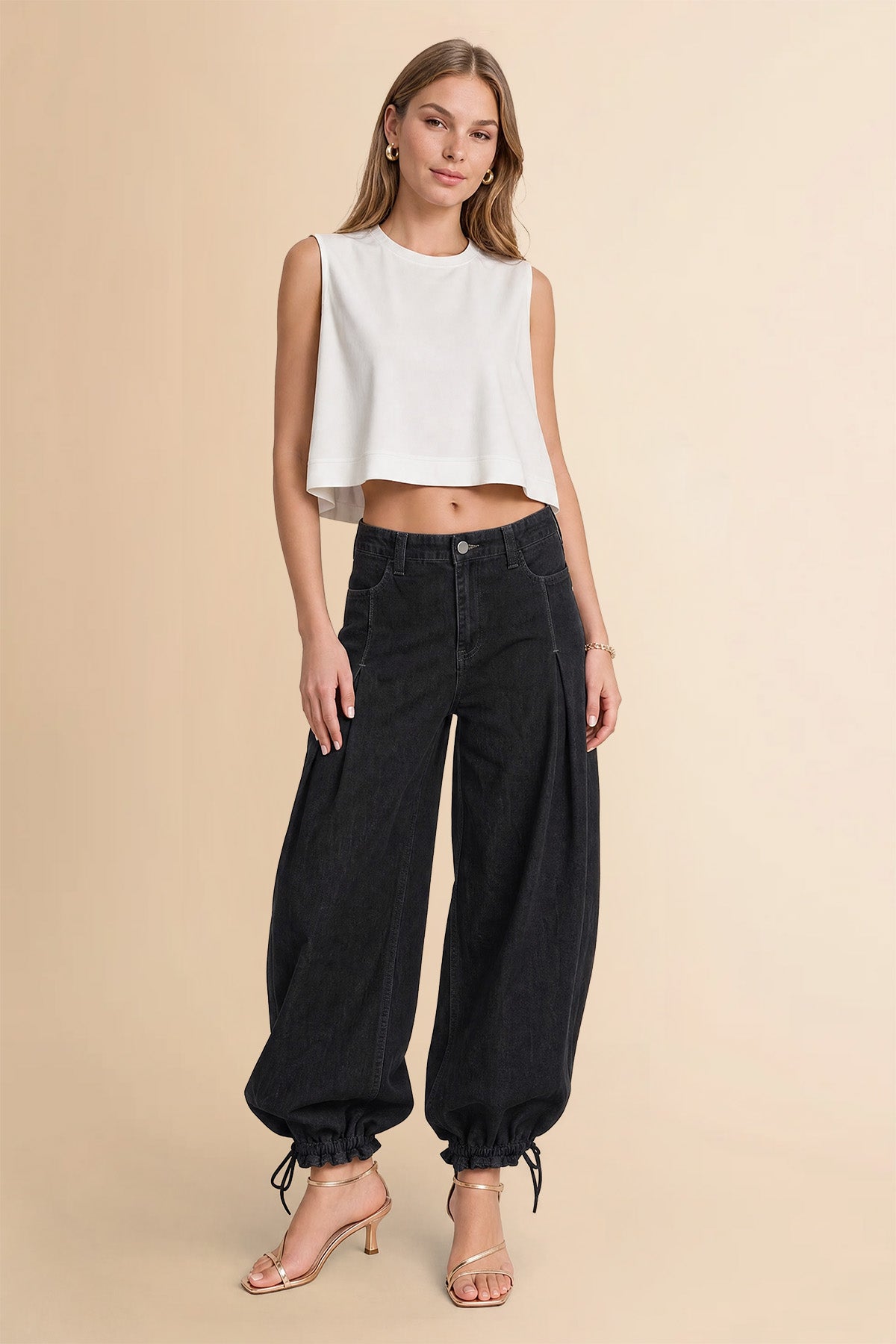 Womens Black Barrel Balloon Pleated Jeans | CicyBell
