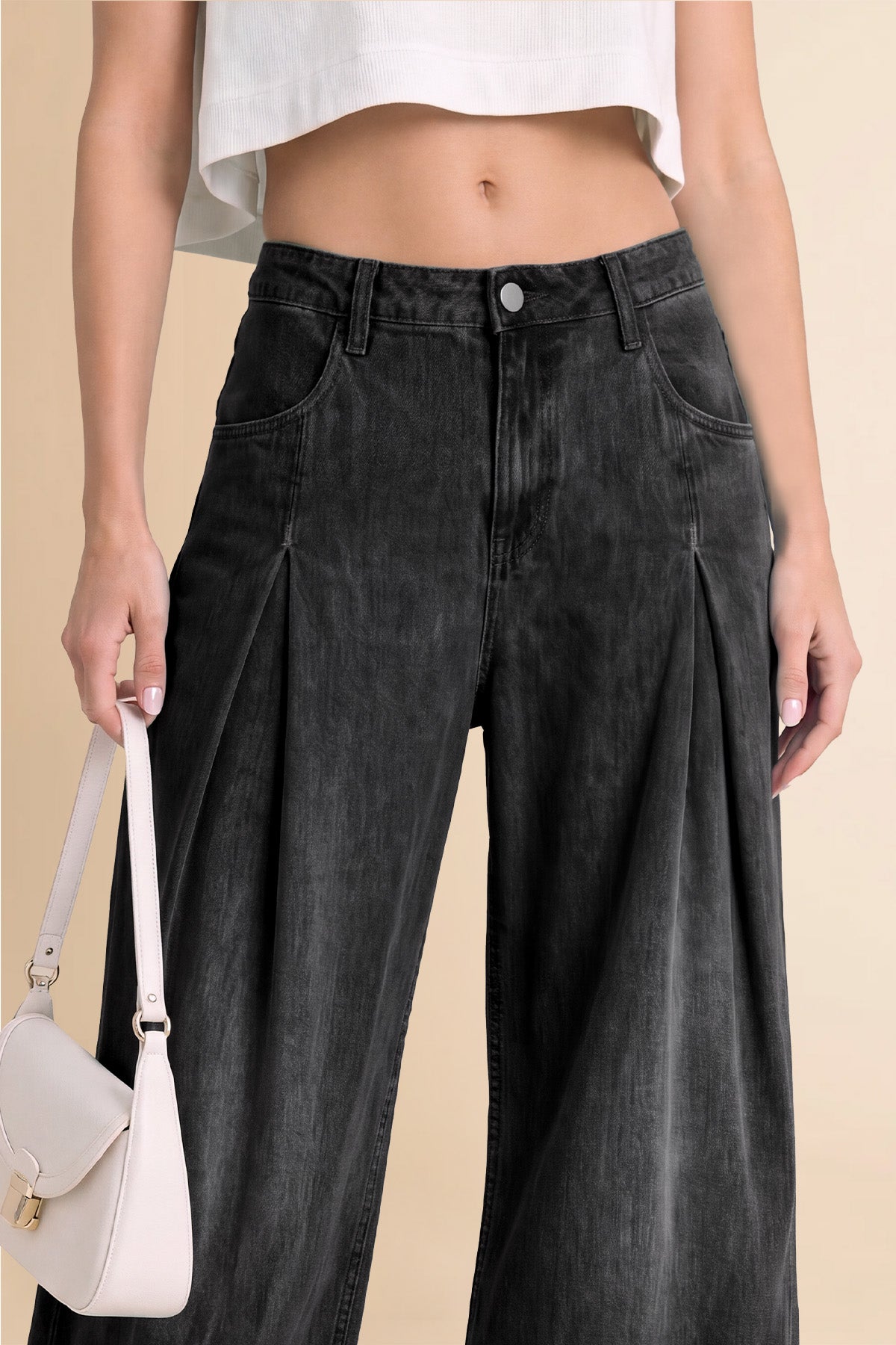 Womens Black Barrel Balloon Pleated Jeans | CicyBell