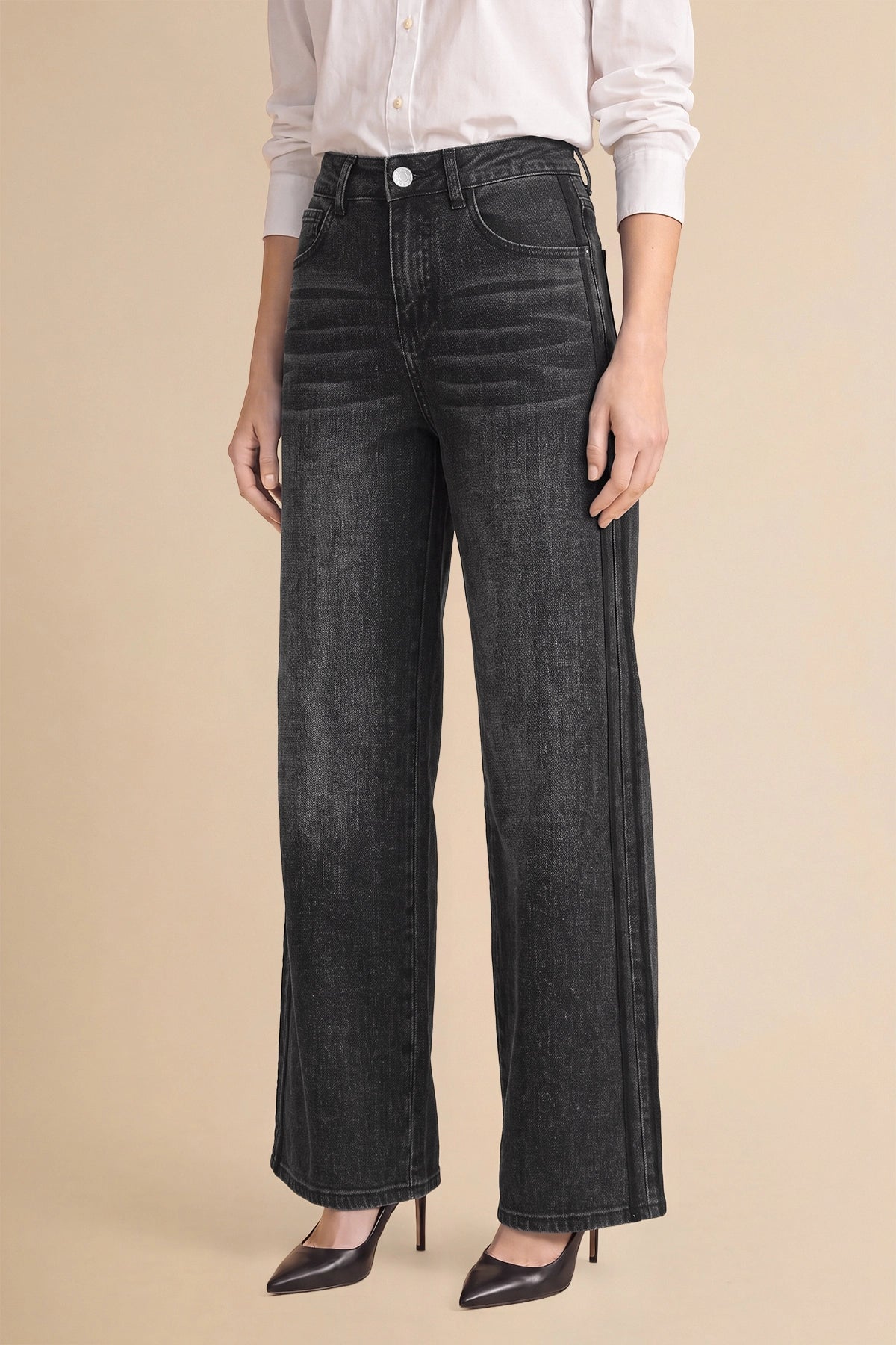 Womens Black Wide Leg Striped High Waisted Jeans | Cicy Bell