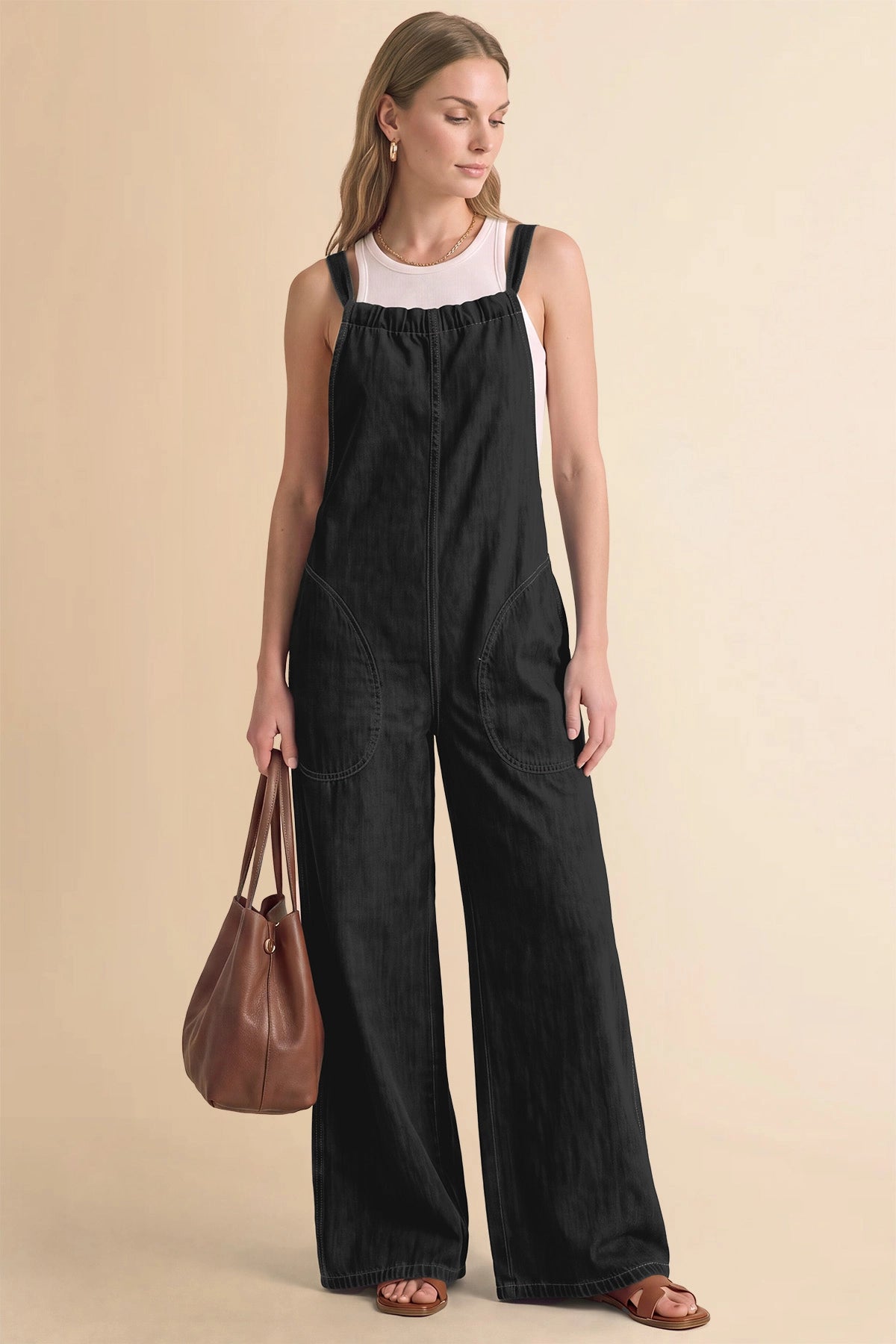 Womens Black Wide Leg Denim Overall | CicyBell